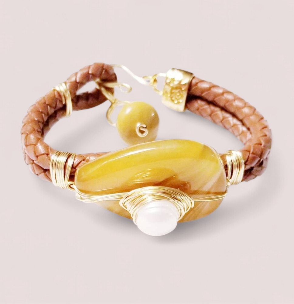 Braided leather and Agate Stone Cuff Bracelet - New